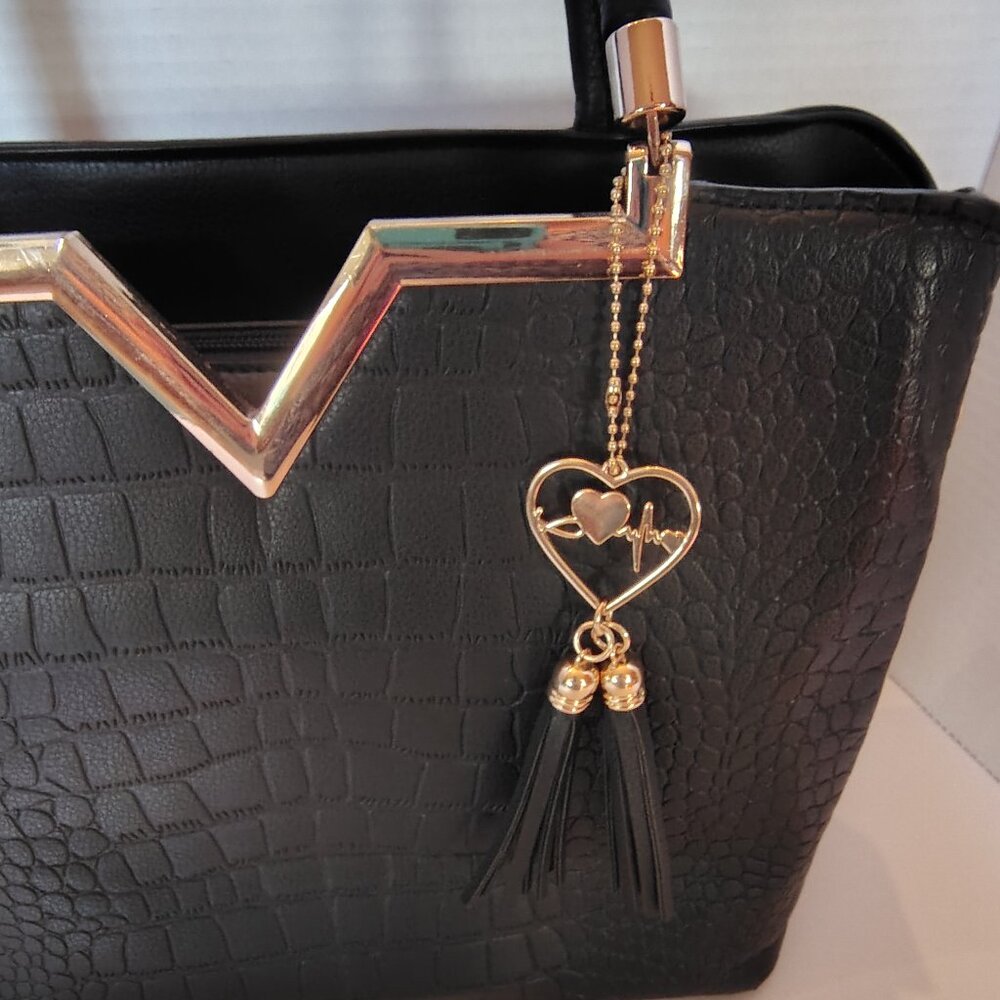 Crossi Black Gold Purse Handbag Crocodile Bag Zipper Tassle Pockets - Picture 7 of 13